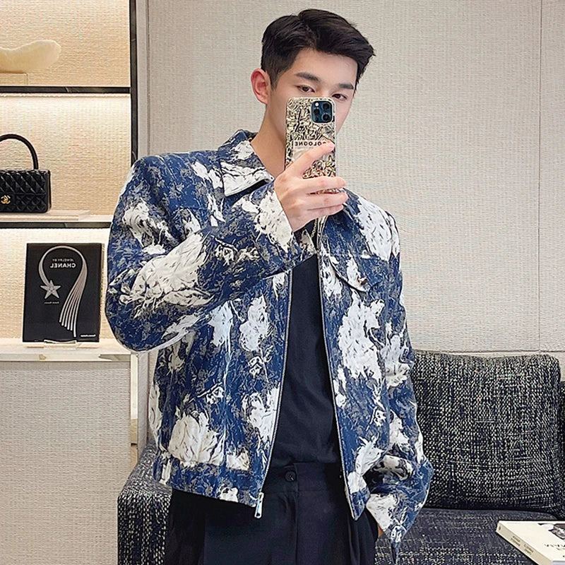 sanyamk Fashion Lapel Printed Elegant Casual Short Jacket Men's 2024 Spring Trendy High Quality Street Korean Luxury Coat