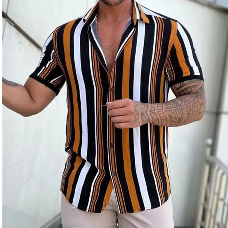 sanyamk Fashion Shirt Striped Print Summer Business Casual Short-Sleeved Tees Tops Mens Blouse Hawaiian Shirts Oversized Men's Clothing