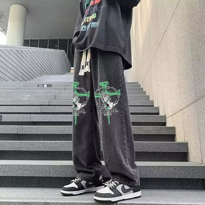 sanyamk Fashion Elastic Waist Printed Jeans Autumn Gothic High Street Causal Loose Drop Long Pants Men Trousers Male Clothes