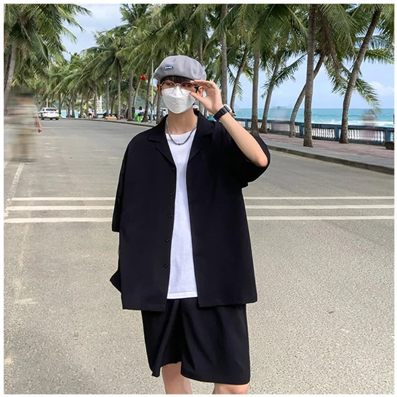 sanyamk Summer Two-Piece Men's Sets Shirt and Shorts Casual Outfits Oversized Short Suit Plain Clothes Clean Fit Black White Green