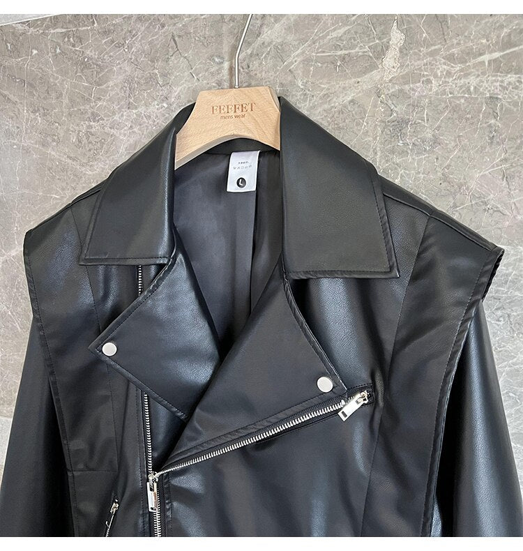 Bonsir men's wide shoulder motorcycle leather jacket male streetwear fashion rock punk loose causal leather coat outerwear