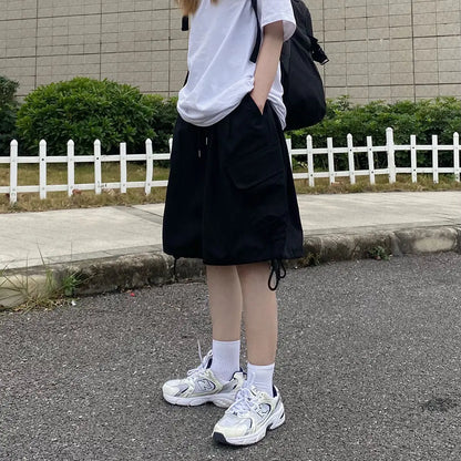 sanyamk American Style Vintage Solid Color Trend Loose Casual Fashion Korean Version Simplicity Commute Wide Leg Youth Cargo Shorts