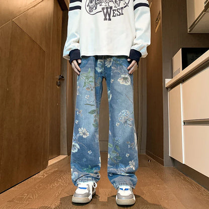 sanyamk 2024 Mens Fashion Floral Printed Jeans Korean Style Autumn Denim Pants High Street Loose Trousers Hip Hop Wide-leg Jean Pants