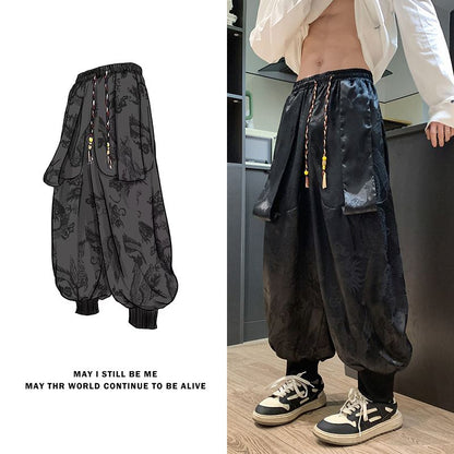 Bonsir Summer Thin Ice Silk Pants with Dragon Print Pants Hiphop Cool sweatpants women new high quality baggy streetwear