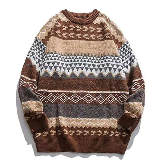 Bonsir Vintage Print Colorblock Sweater Oversize Warm Elasticity Sweater Men Women Autumn Winter New Fashion Loose Pullovers