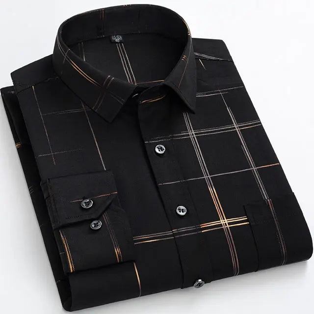 sanyamk Plus Size 6XL Long Sleeve Men‘s Printed Plaid Stretchy Casual Shirts Large Regular Fit Elegant Social Work Business Dress Shirt