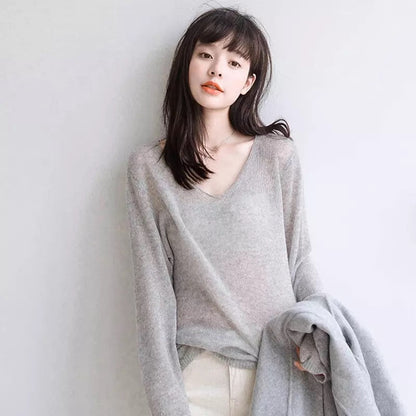 sanyamk Early Spring Ultra-Thin Micro-Permeable Worsted Wool Sweater V-Neck Loose And Thin Top Foreign-Style Bottoming Shirt Women