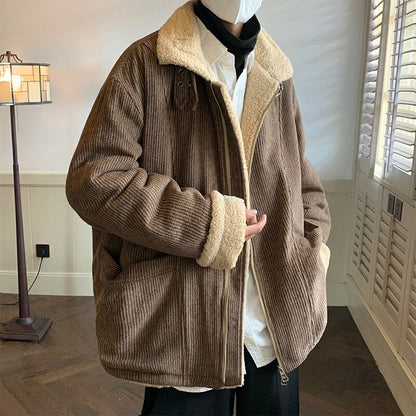 Bonsir Winter Thick Corduroy Jacket Men Warm Fashion Retro Thickened Lamb Wool Jackets Mens Streetwear Korean Loose Short Coat Men