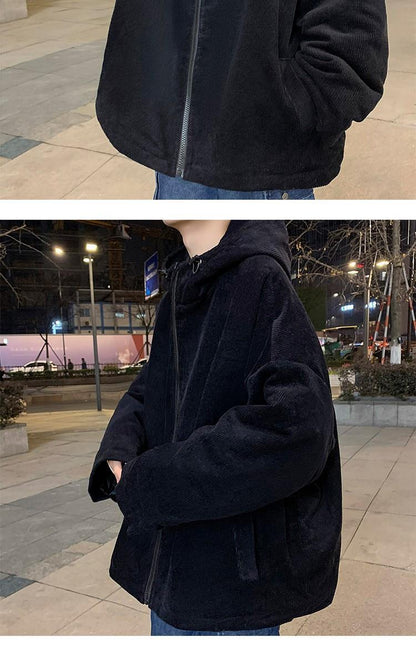 sanyamk Corduroy Jacket Men's Autumn and Winter Retro Hooded Zipper Loose Casual Solid Color Men Jackets Casual Streetwear Outwear