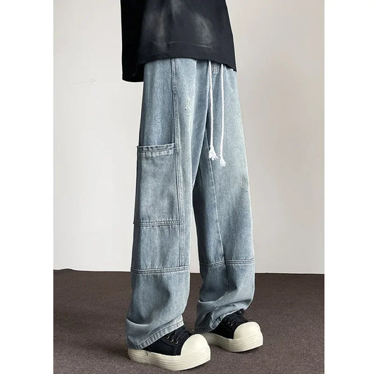 sanyamk Men's Trendy Wide Leg Jeans American Style High Street Fashion Brand Workwear Pants New Arrival Bootcut Pants