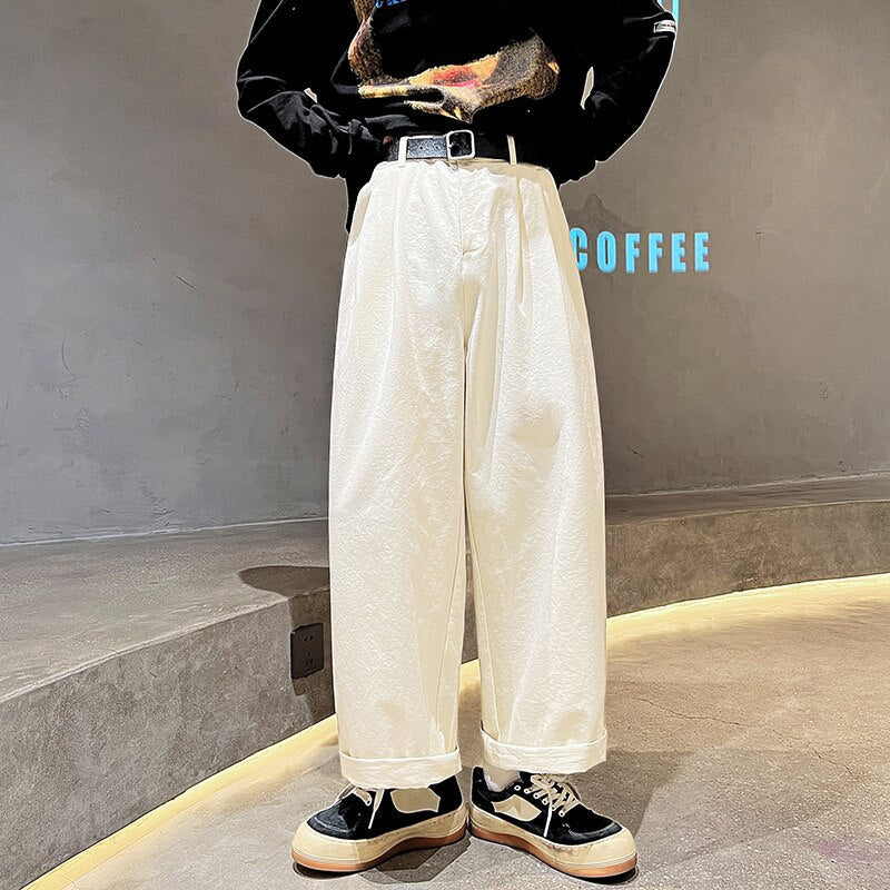 Bonsir Cotton Oversized Casual Pants Men Fashion Loose Wide Leg Pants Men Japanese Streetwear Hip Hop Straight Pants Mens Trousers