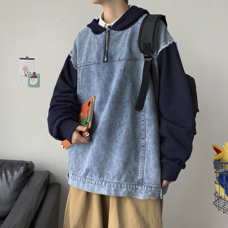 sanyamk Autumn Pullover Denim Jacket Men Fashion Casual Hooded Jacket Men Streetwear Hip Hop Loose Bomber Jacket Mens Hoodies M-3XL