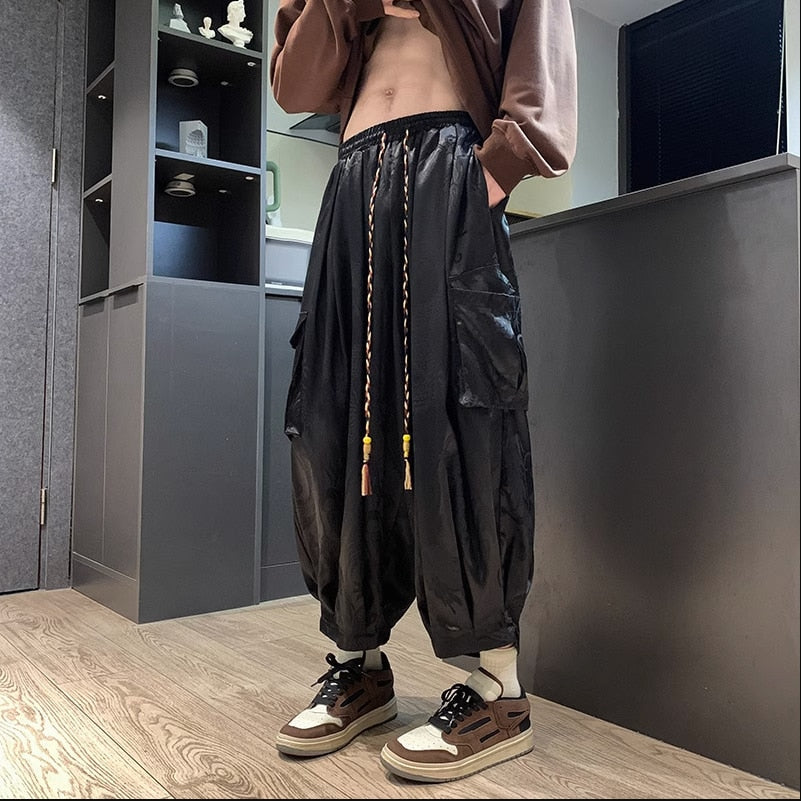 Bonsir Summer Thin Ice Silk Pants with Dragon Print Pants Hiphop Cool sweatpants women new high quality baggy streetwear