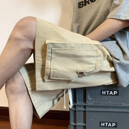 Bonsir Summer Cotton Shorts Men Fashion Retro Pocket Shorts Japanese Mens Streetwear Hip-hop Loose Straight Shorts Men Cargo Pants