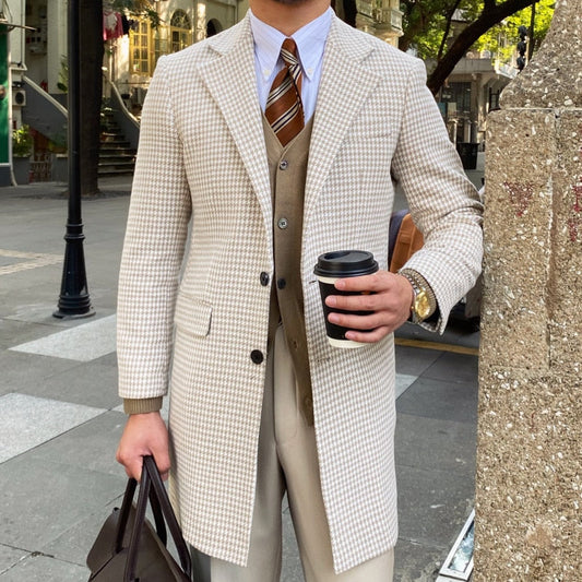 sanyamk British Retro Houndstooth Coat Men Long Warm Jacket Fall Winter Mens Woolen Coat Top Quality Abrigo Largo Hombre Mantel Wolle