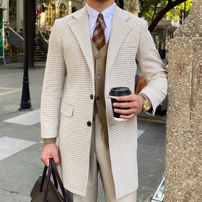 sanyamk British Retro Houndstooth Coat Men Long Warm Jacket Fall Winter Mens Woolen Coat Top Quality Abrigo Largo Hombre Mantel Wolle