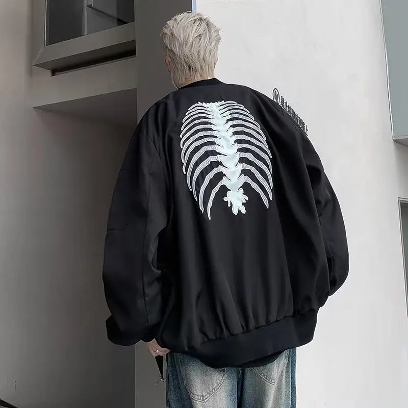 sanyamk American High Street Hiphop Skeleton Embroidered Baseball Coat Men's Autumn Fashion Brand Dark Black Pilot Jacket fall