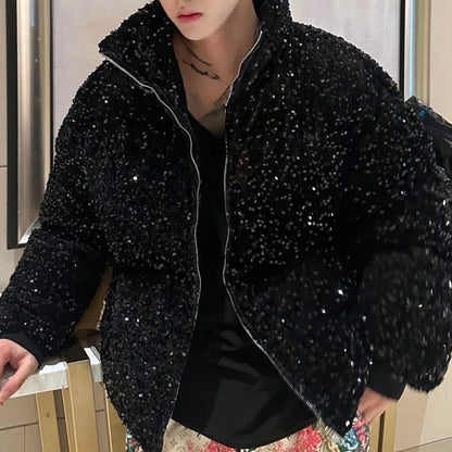 sanyamk Mens sequin casual jacket genderless 2024 new autumn winter fashion personality street trend youth thickened jacket unisex