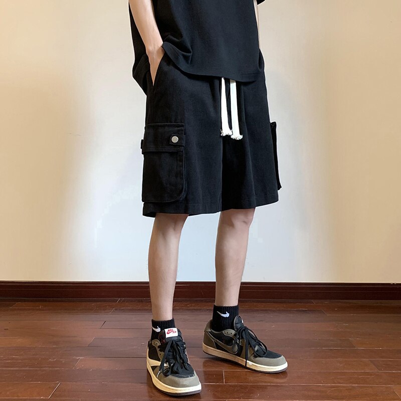 Bonsir Summer Cotton Shorts Men Fashion Retro Pocket Shorts Japanese Mens Streetwear Hip-hop Loose Straight Shorts Men Cargo Pants