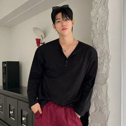 sanyamk  -   New Fashion Men's T-shirts Button Long Sleeve Autumn Menwear Pullover Solid Color Male Clothing Trendy Autumn Simple 9C7800