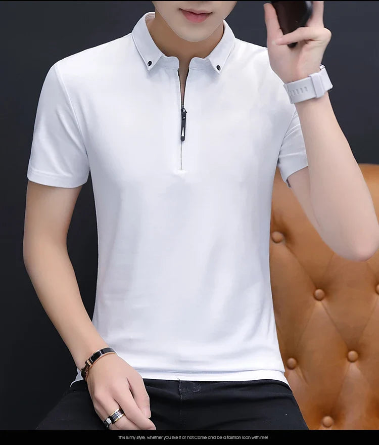 sanyamk Summer Solid Color Cotton Polo Shirt Business Lapel Short-Sleeved Fashion Simple Men'S Tops Slim Casual Sports Men'S T-Shirt