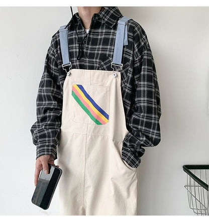 sanyamk Men Suspenders Jumpsuits Oversized Rainbow Printing Overalls Summer Straight Casual Pants Vintage Splicing Trousers Male Clothes