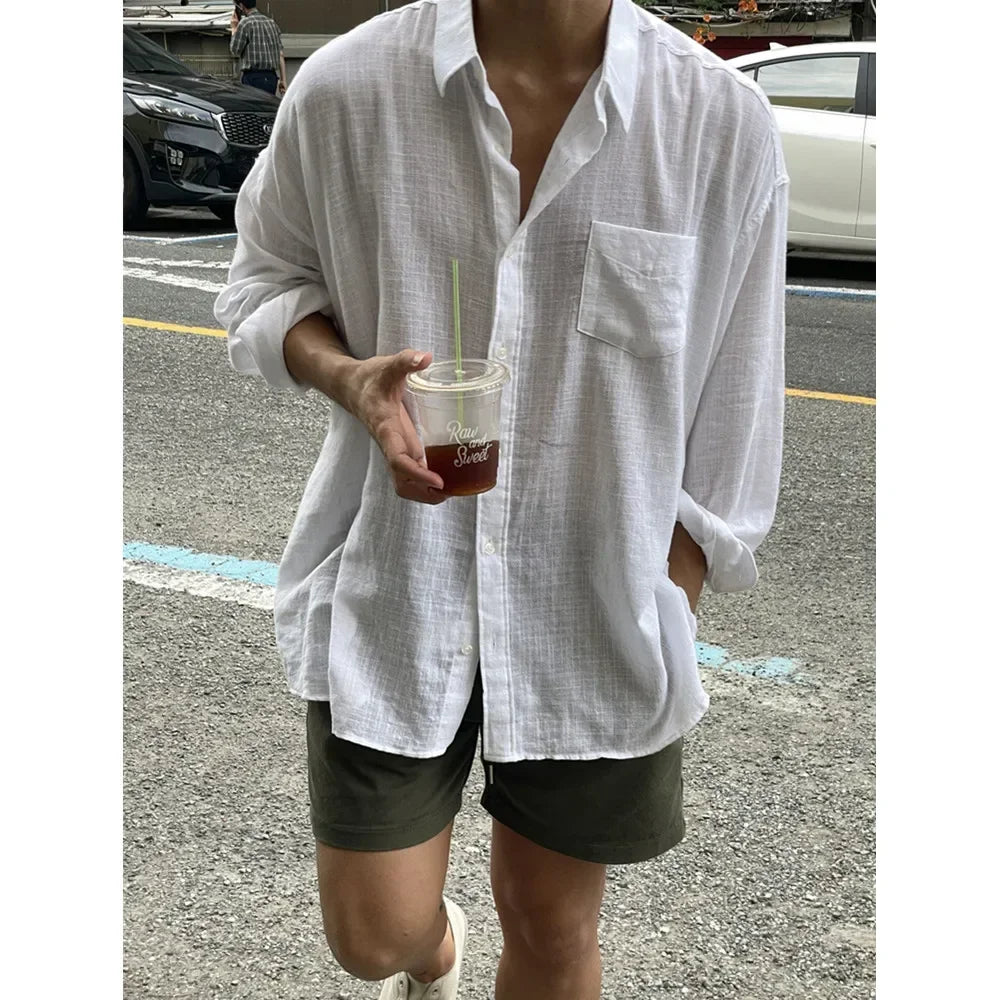 sanyamk Unisex Oversized Linen Shirt Coat Men's Long Sleeve Casual Loose Fit Fashion Japanese Korean Style Sun Protection Clothing