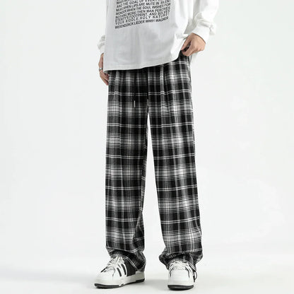 Bonsir Autumn Winter Men's Plaid Pants Contrast Color Wide Leg Casual Long Trousers Vintage Style Stylish Streetwear Checkered Pants