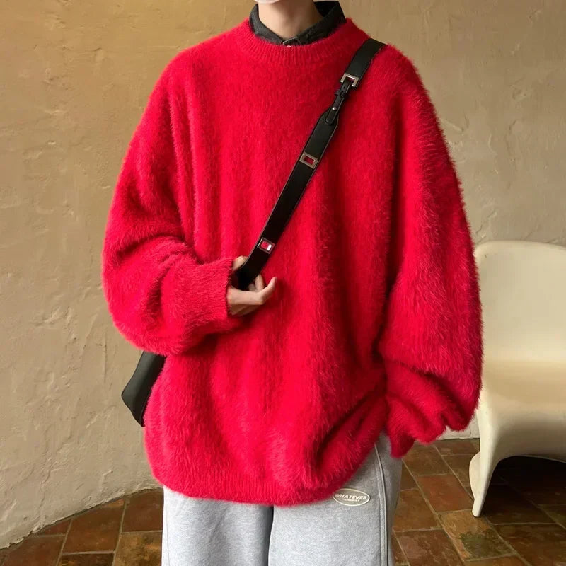 sanyamk Men Mink Wool Thick Loose Casual Pullover Sweater Male Women Couple Streetwear Vintage Fashion Black Red Knitted Sweater