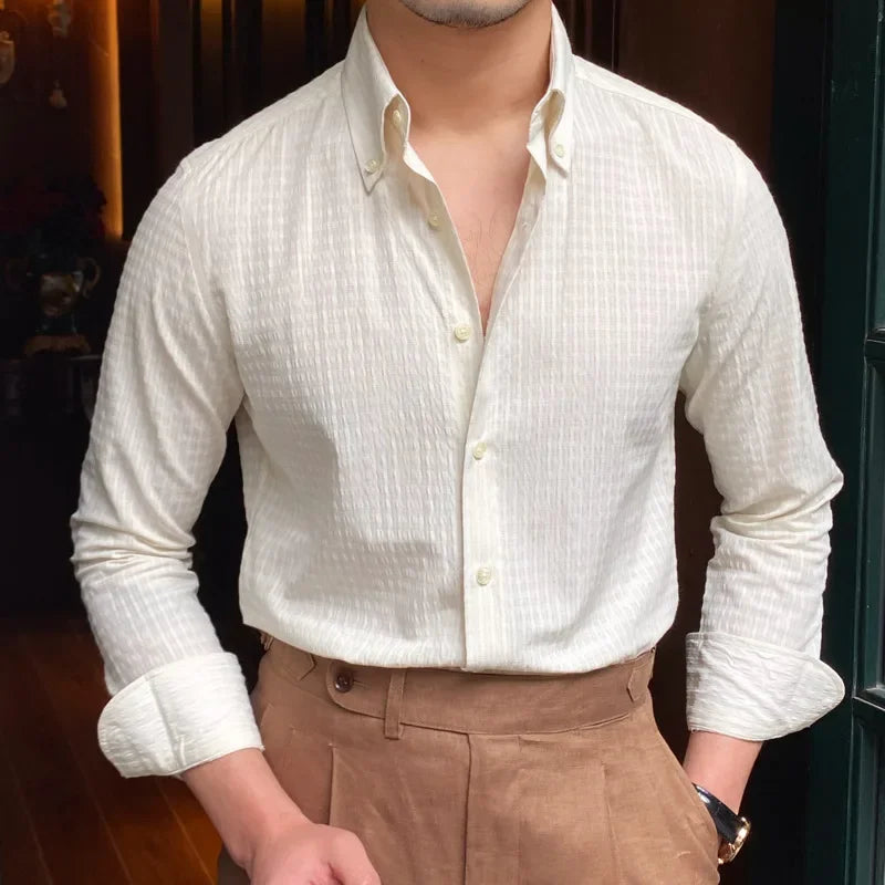 sanyamk  -  Men Gentlemen Seersucker Casual Long-sleeved Shirt Retro Breathable Anti Wrinkle Shirt Italian Slimming Trend Camiseta Masculina