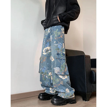 sanyamk Korean Style Denim Cargo Pants Mens Fashion Floral Printed Jeans 2024 Autumn Loose Casual Trousers Hip Hop Wide-leg Jean Pants