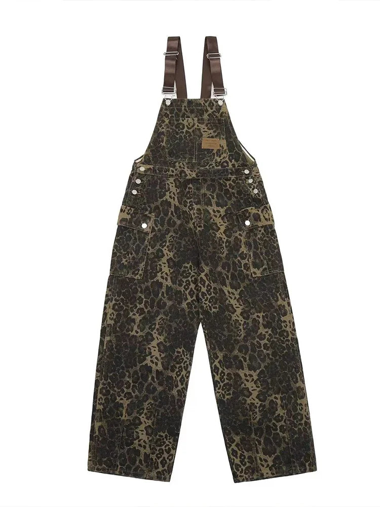 Bonsir Cargo Leopard Jumpsuit for Men Streetwear Hip Hop Punk Loose Bodysuits Overalls Male Animal Print Pocket Pants