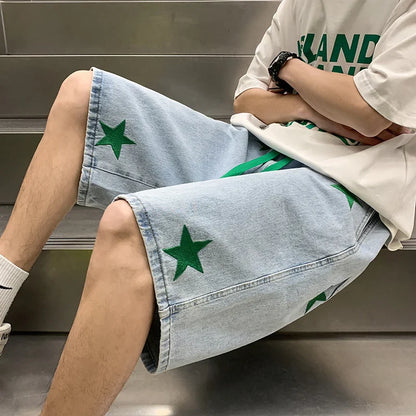 sanyamk Men's Street Hip-hop Denim Shorts Fashion Brand Star Print Loose Wide Leg Capris Summer Versatile Fashion Casual Pants