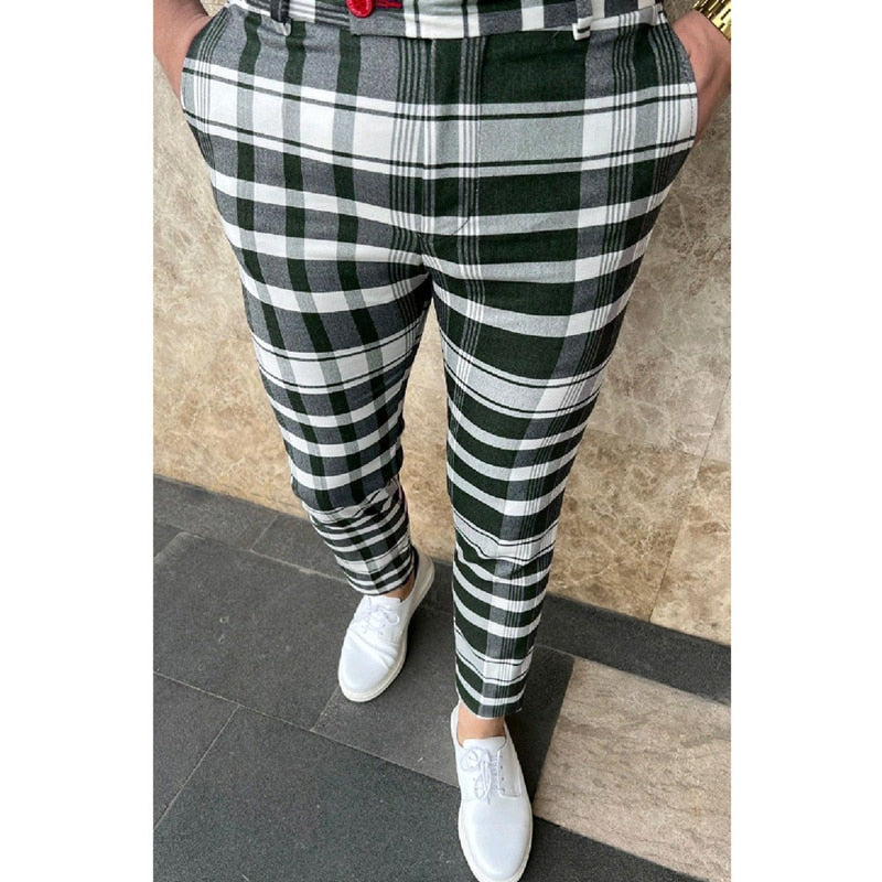 Bonsir Vintage Plaid Print Slim Pencil Pants Men Casual Mid Waist Straight Trousers 2023 Spring Fall Leisure Mens Long Pant Streetwear