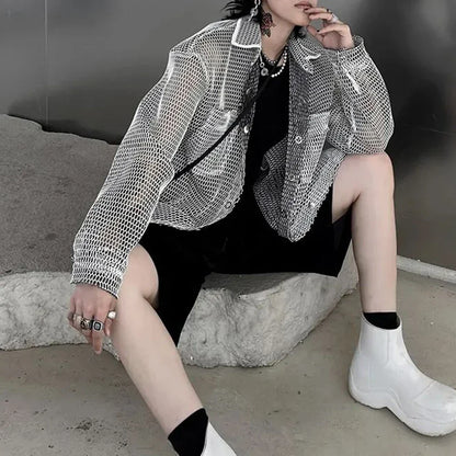 sanyamk Men's Harajuku Mesh Top Shirt Men's Casual Loose Oversized All Match Blouse Harajuku Streetwear Vintage Korean Blusas Sunscreen