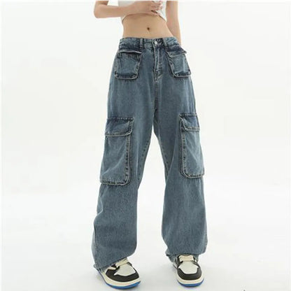 sanyamk Vintage Oversize Cargo Jeans Women Streetwear Fashion Wide Leg Pants Denim Elastic Waist Baggy New Straight Casual Trousers