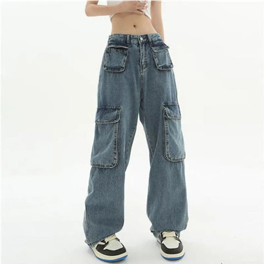 Bonsir Vintage Oversize Cargo Jeans Women Streetwear Fashion Wide Leg Pants Denim Elastic Waist Baggy New Straight Casual Trousers