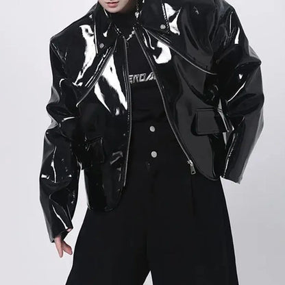 sanyamk Mens Jacket Shiny Leather Jacket Handsome Performance Stage Outfit Autumn Elegant British Excellent Patent Leather Jacket