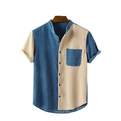 sanyamk Patchwork Youth Lapel Short-sleeved Shirt Corduroy Standing Collar Striped Menswear for Men