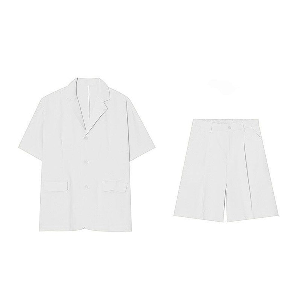 sanyamk New Genderless Solid Color Casual Suit LGBT Mens Trendy High-quality Suit Collar Design Short-sleeved Shirt Shorts Two-piece Set