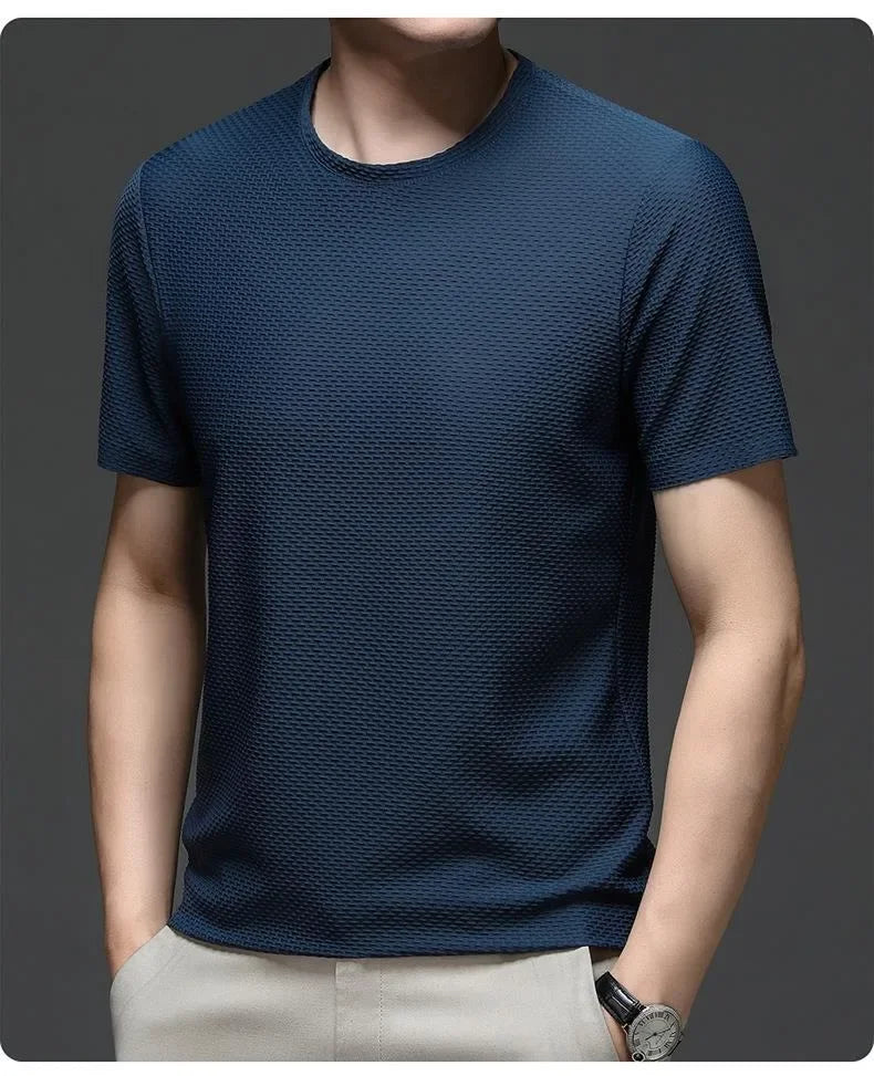 sanyamk 2024 Summer Mesh Ice Silk T-shirt Men's Short Sleeve Round Neck  New Half Sleeve Men Thin Solid Color Tees Top