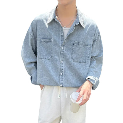 sanyamk Spring Blue Black Denim Shirt Men Fashion Pocket Casual Shirts Mens Streetwear Korean Loose Long-sleeved Shirt Men M-2XL