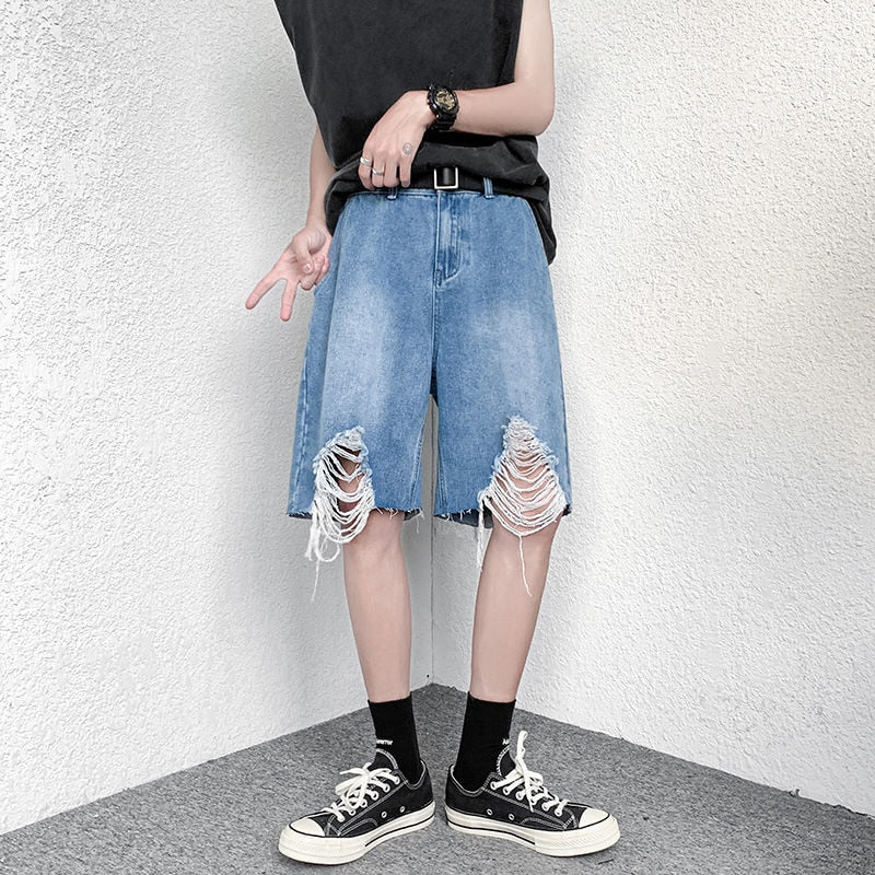 sanyamk Summer Blue/Black Denim Shorts Men Fashion Casual Ripped Denim Shorts Mens Streetwear Loose Hip Hop Straight Jeans Shorts Men