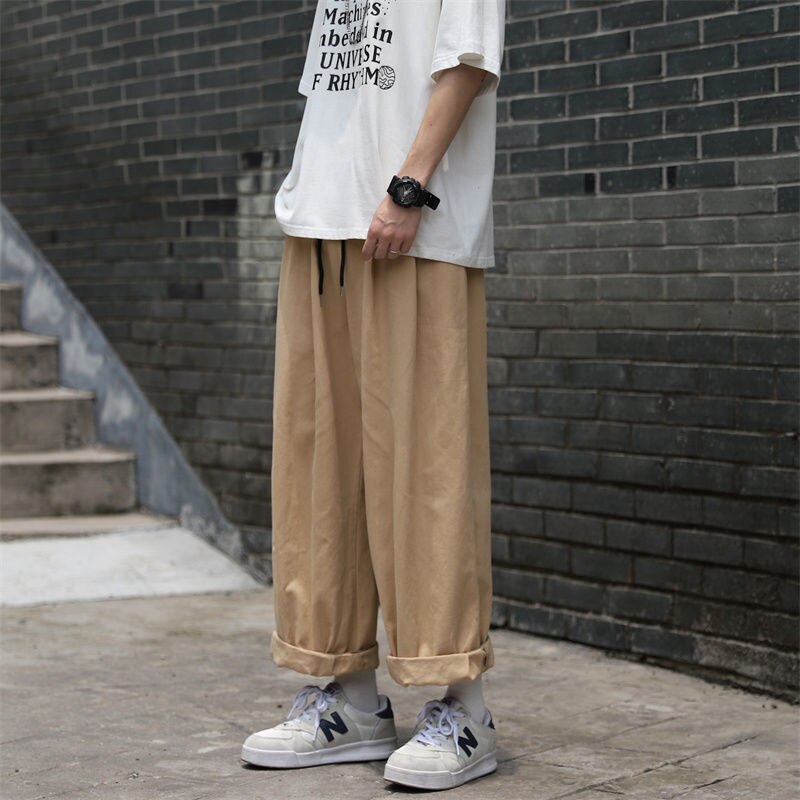 Bonsir Summer Cotton Casual Pants Men Fashion Oversized Wide Leg Pants Men Japanese Streetwear Loose Straight Pants Mens Trousers M-3XL