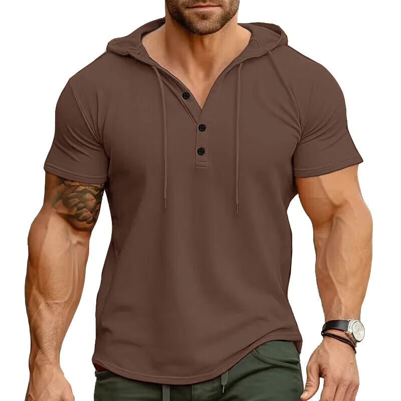 sanyamk  -  2024 Spring Summer Men Short Sleeve Hooded T-Shirt New Men Henry Collar Solid Color Casual Tops Tees Male Sportswear Tshirts