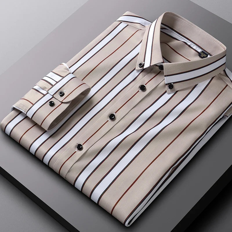 sanyamk Men Spring Summer Comfortable Vertical Striped Strech Mens Dress Shirts Long Sleeve Soft Business Work Shirt  No Pocket Male