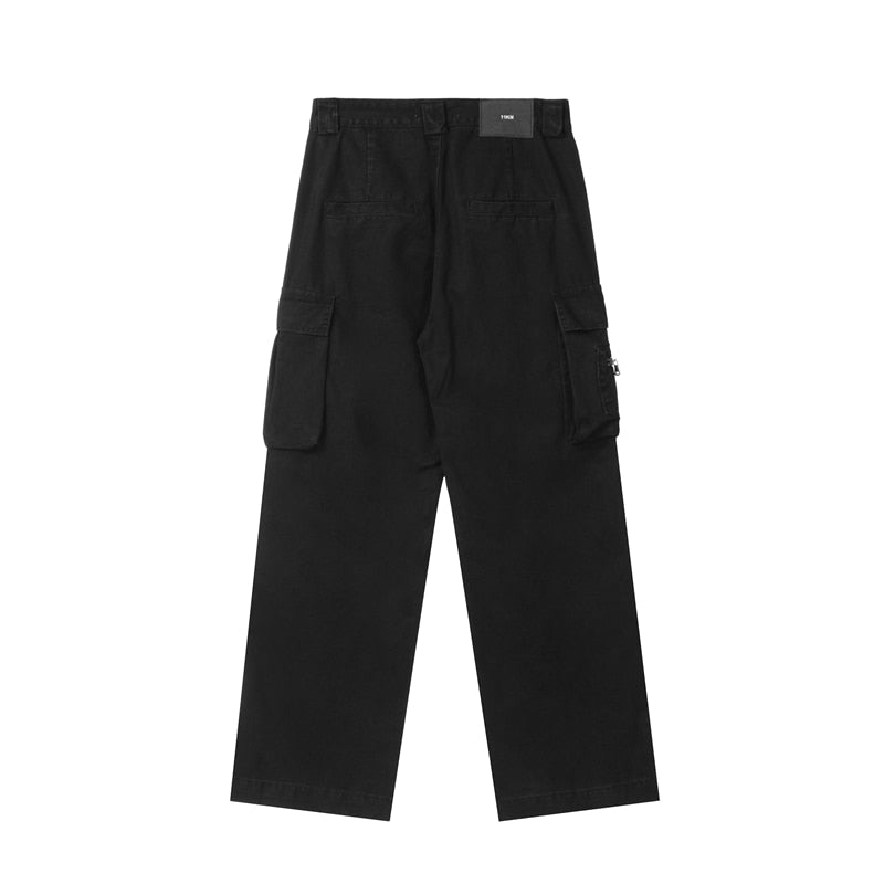 Bonsir Retro Multi-pockets Streetwear Wide Leg Casual Men's Cargo Pants Solid Color Straight Harajuku Hip Hop Loose Trousers Overalls