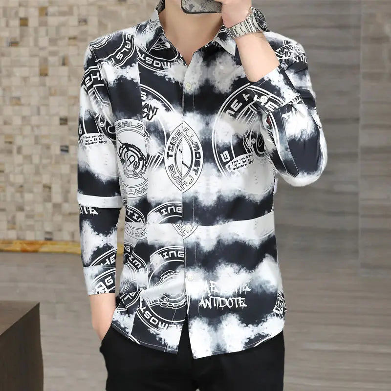 sanyamk Spring Summer Polo-neck Fashion Printed Long Sleeve Blouse Homme Vintage Buttons Top Men Personity Trend Shirt Hombre Cardigan