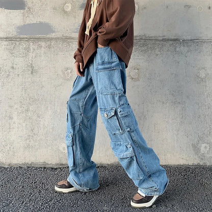 Bonsir Men's Cargo Multi-pockets Tooling Jeans New Women's  Vintage Loose Wide Leg Pants Streetwear Casual Hip-hop Mopping Trousers