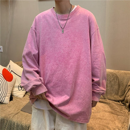 sanyamk Quality Autumn New Men's T-shirt Solid Color O-neck Long Sleeves Pure Cotton Vintage Women Loose T-shirts For Male Casual Tops